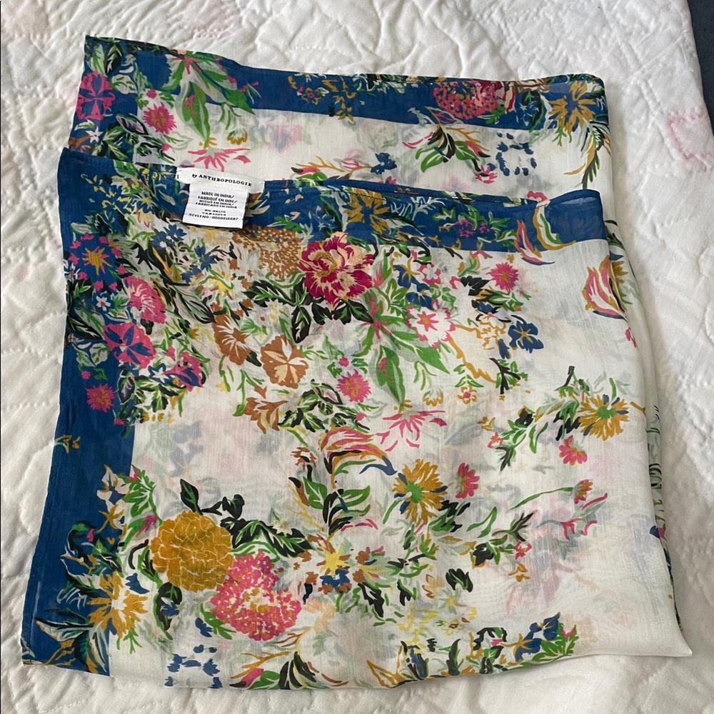 Anthropologie Floral Border Scarf in Navy, White, Pink & Yellow